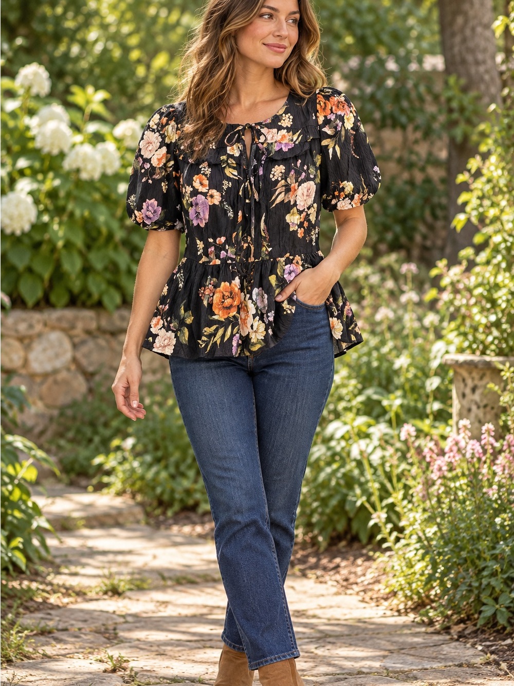 Laura Ashley Black Floral Puff Sleeve Ruffle Hem Tunic Top